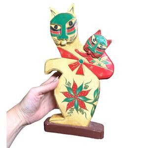 Hand Painted Wooden Cat Figurine Folk Art Mother Kitten Christmas Mexico Vintage